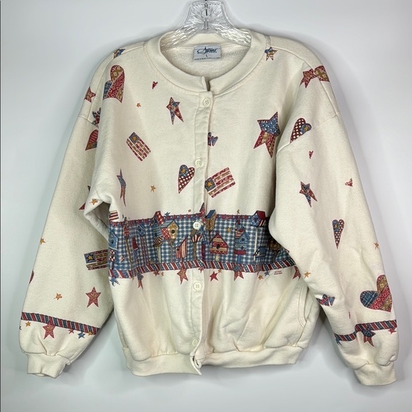 Vintage Artisans Patriotic Flag Hearts Button Up Sweatshirt Size Large - Picture 1 of 10